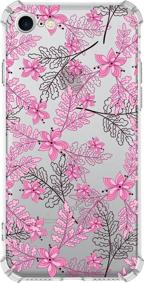 Iphone Se 2020 Uyumlu Köşe Korumalı Antişok Kapak Floral Pembe Tasarımlı Şeffaf Kılıf