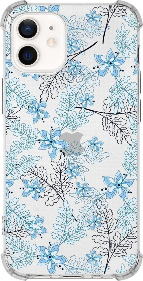 Iphone 12 Uyumlu Köşe Korumalı Antişok Kapak Floral Mavi Tasarımlı Şeffaf Kılıf