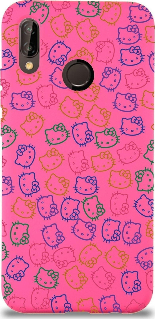 Huawei P 20 Lite Uyumlu Lansman Kılıf Hello Kitty Tasarımlı Içi Kadife Kapak-Neon Pembe