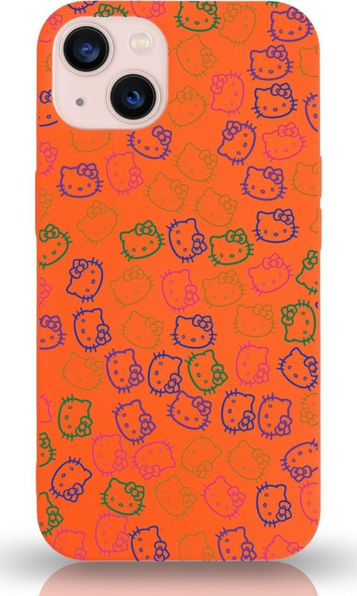 Apple Iphone 13 Mini Uyumlu Lansman Kılıf Hello Kitty Tasarımlı Içi Kadife Kapak-Turuncu