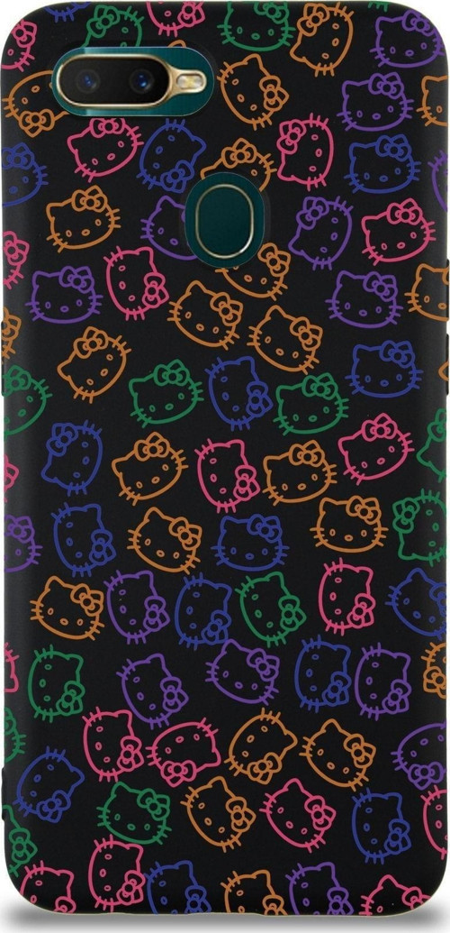 Oppo A12 Uyumlu Lansman Kılıf Hello Kitty Tasarımlı Içi Kadife Kapak-Siyah