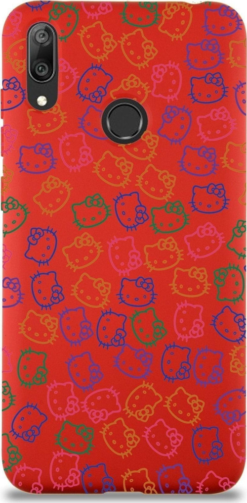 Huawei Y7 2019 Uyumlu Lansman Kılıf Hello Kitty Tasarımlı Içi Kadife Kapak-Kırmızı