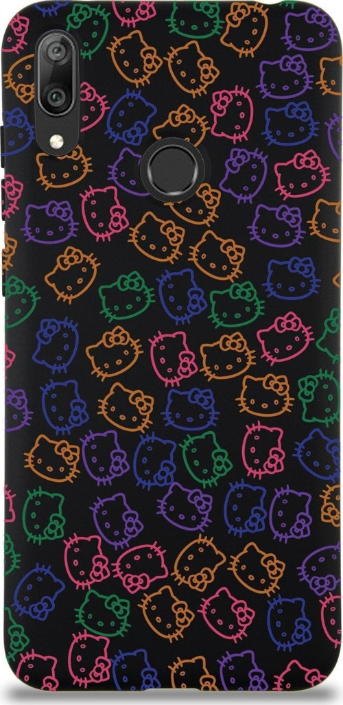 Huawei Y7 2019 Uyumlu Lansman Kılıf Hello Kitty Tasarımlı Içi Kadife Kapak-Siyah