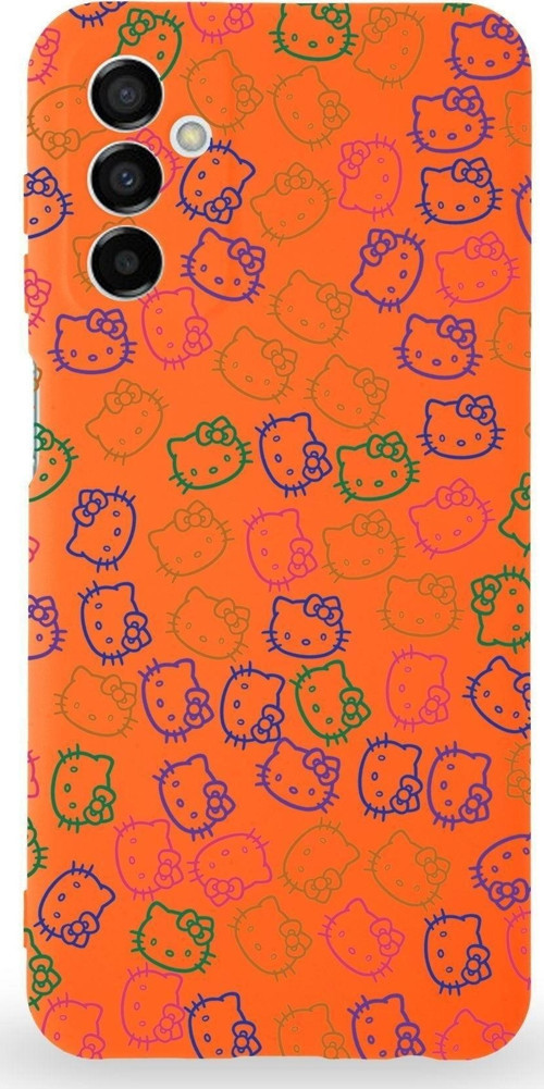 Samsung Galaxy M13 Uyumlu Lansman Kılıf Hello Kitty Tasarımlı Içi Kadife Kapak-Turuncu