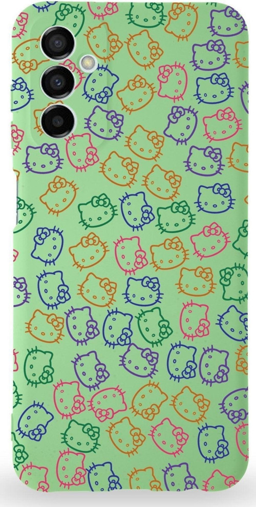 Samsung Galaxy M13 Uyumlu Lansman Kılıf Hello Kitty Tasarımlı Içi Kadife Kapak-Yeşil