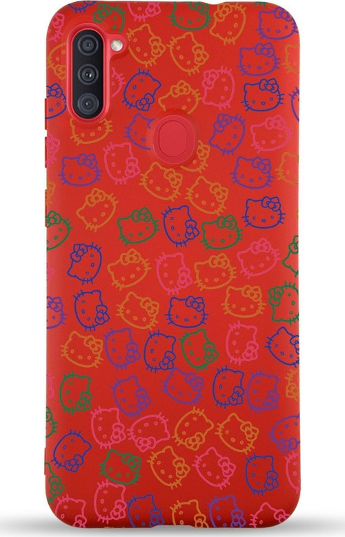 Samsung Galaxy M11 Uyumlu Lansman Kılıf Hello Kitty Tasarımlı Içi Kadife Kapak-Kırmızı