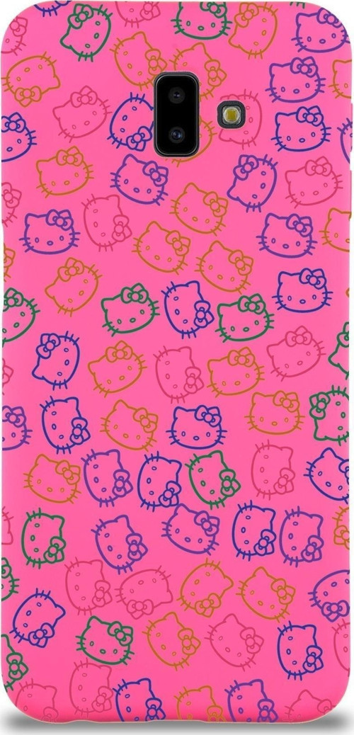 Samsung Galaxy J6 Plus Uyumlu Lansman Kılıf Hello Kitty Tasarımlı Içi Kadife Kapak-Neon Pembe