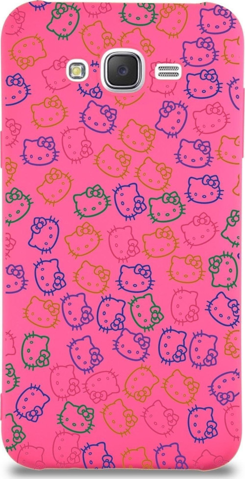 Samsung Galaxy J7 Core Uyumlu Lansman Kılıf Hello Kitty Tasarımlı Içi Kadife Kapak-Neon Pembe