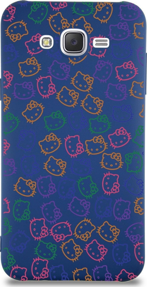 Samsung Galaxy J7 Core Uyumlu Lansman Kılıf Hello Kitty Tasarımlı Içi Kadife Kapak-Lacivert