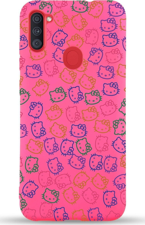 Samsung Galaxy M11 Uyumlu Lansman Kılıf Hello Kitty Tasarımlı Içi Kadife Kapak-Neon Pembe
