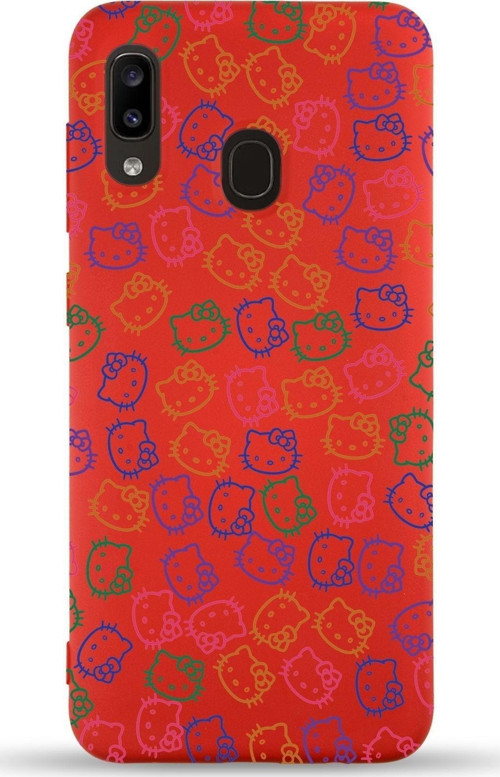 Samsung Galaxy A20 Uyumlu Lansman Kılıf Hello Kitty Tasarımlı Içi Kadife Kapak-Kırmızı