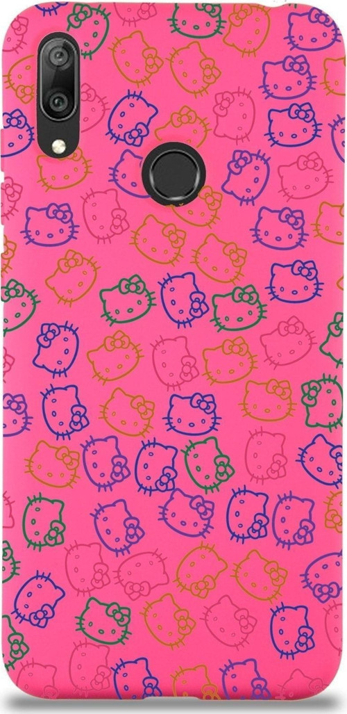 Huawei Y7 2019 Uyumlu Lansman Kılıf Hello Kitty Tasarımlı Içi Kadife Kapak-Neon Pembe