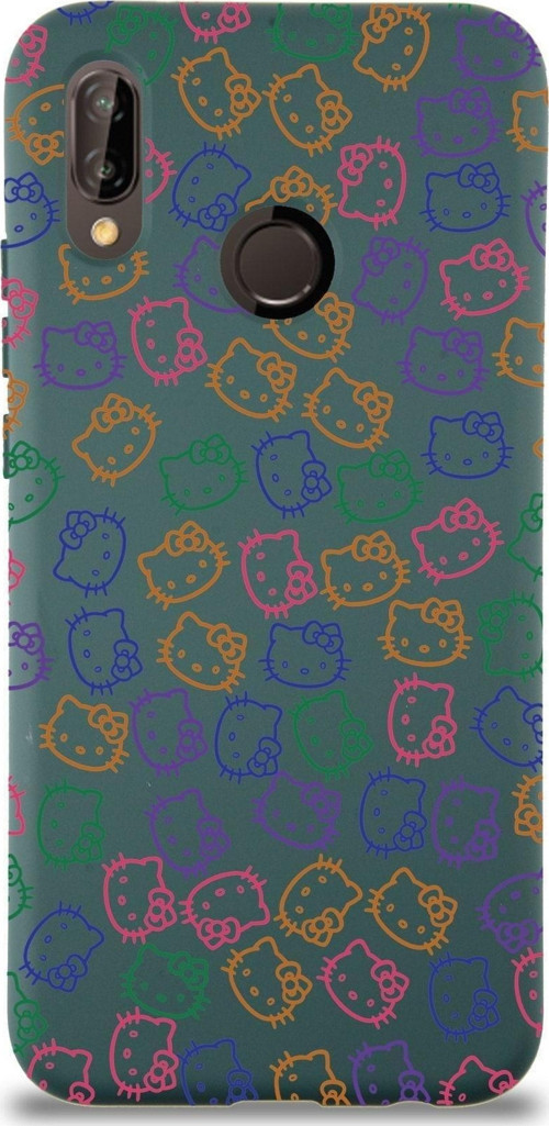 Huawei P 20 Lite Uyumlu Lansman Kılıf Hello Kitty Tasarımlı Içi Kadife Kapak-Yeşil