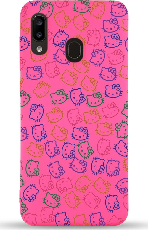 Samsung Galaxy A20 Uyumlu Lansman Kılıf Hello Kitty Tasarımlı Içi Kadife Kapak-Neon Pembe