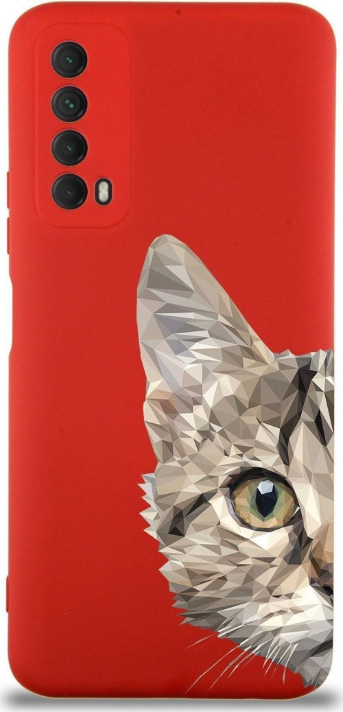 Huawei P Smart 2021 Uyumlu Lansman Kılıf Catface Tasarımlı Içi Kadife Kapak-Kırmızı