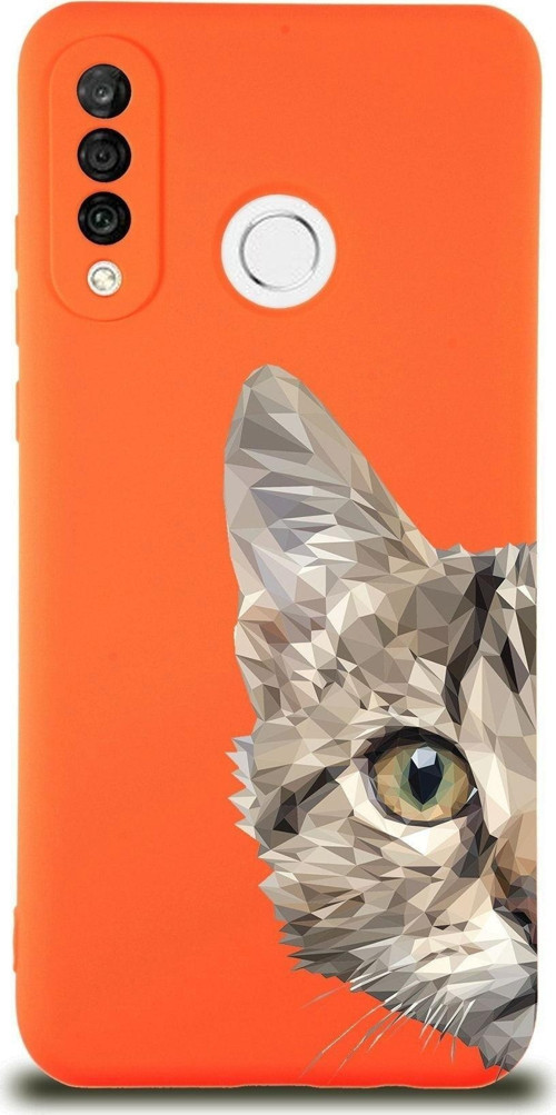 Huawei P 30 Lite Uyumlu Lansman Kılıf Catface Tasarımlı Içi Kadife Turuncu Kapak