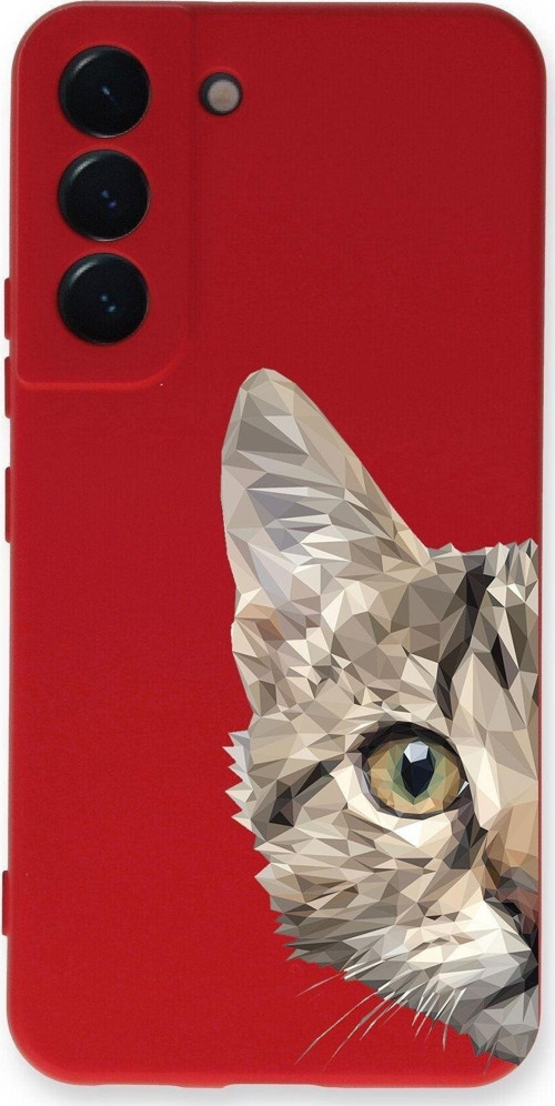 Samsung Galaxy S22 Plus Uyumlu Lansman Kılıf Catface Tasarımlı Içi Kadife Kapak-Kırmızı