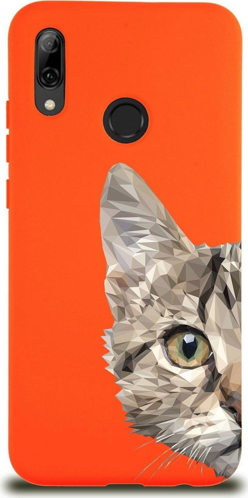 Huawei P Smart 2019 Uyumlu Lansman Kılıf Catface Tasarımlı Içi Kadife Kapak-Turuncu