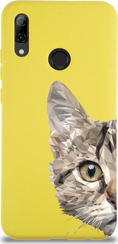 Huawei P Smart 2019 Uyumlu Lansman Kılıf Catface Tasarımlı Içi Kadife Kapak-Sarı