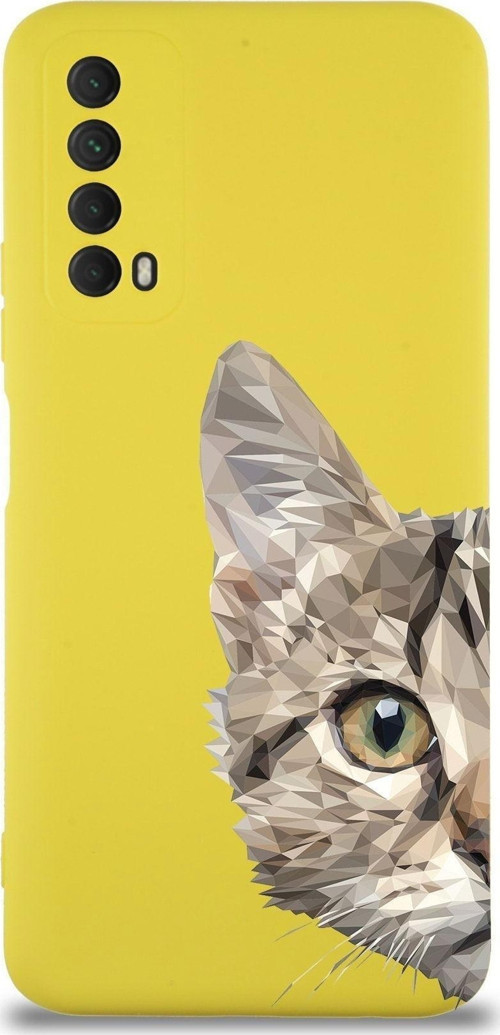 Huawei P Smart 2021 Uyumlu Lansman Kılıf Catface Tasarımlı Içi Kadife Kapak-Sarı