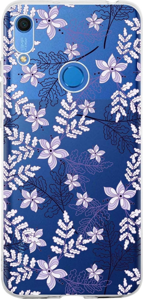 Huawei Y6S 2019 Uyumlu Kapak Floral Lila Tasarımlı Şeffaf Silikon Kılıf