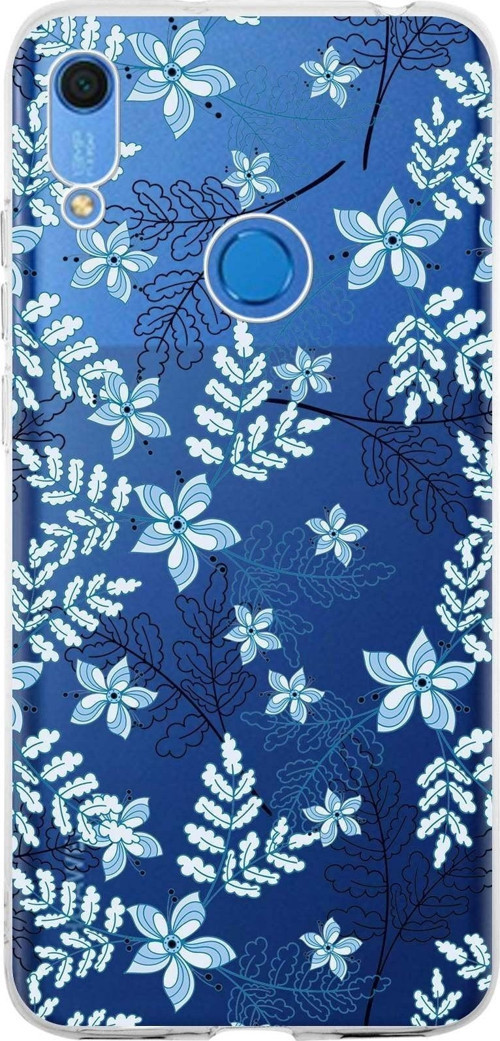 Huawei Y6S 2019 Uyumlu Kapak Floral Mavi Tasarımlı Şeffaf Silikon Kılıf
