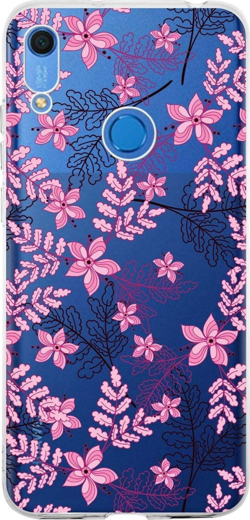 Huawei Y6S 2019 Uyumlu Kapak Floral Pembe Tasarımlı Şeffaf Silikon Kılıf