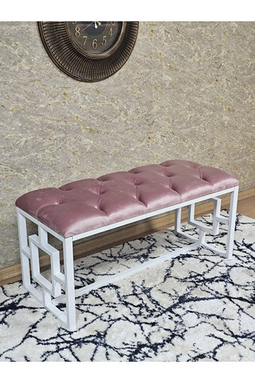 Beyaz Boyalı İçi Kareli Diktörtgen 100 cm x 40 cm Oturak Puf - Bench - Makyaj Oturağı - Oturak Pembe Renk 100 x 40 Boyut/Ebat