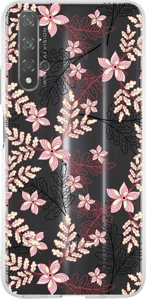Huawei Honor 20 Lite Uyumlu Kapak Floral Kırmızı Tasarımlı Şeffaf Silikon Kılıf