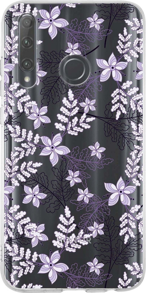 Huawei Honor 20 Lite Uyumlu Kapak Floral Lila Tasarımlı Şeffaf Silikon Kılıf