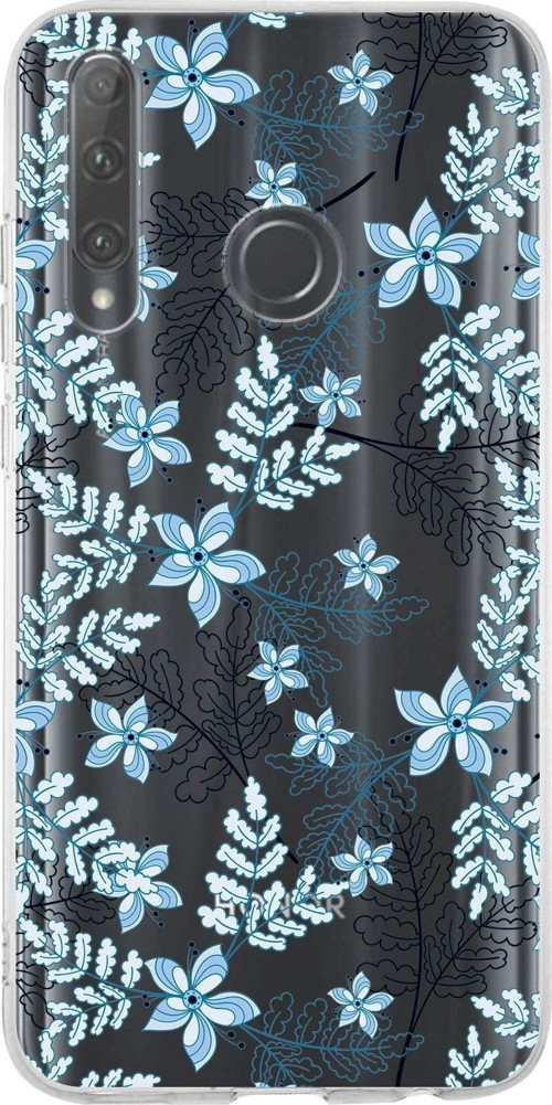 Huawei Honor 20 Lite Uyumlu Kapak Floral Mavi Tasarımlı Şeffaf Silikon Kılıf
