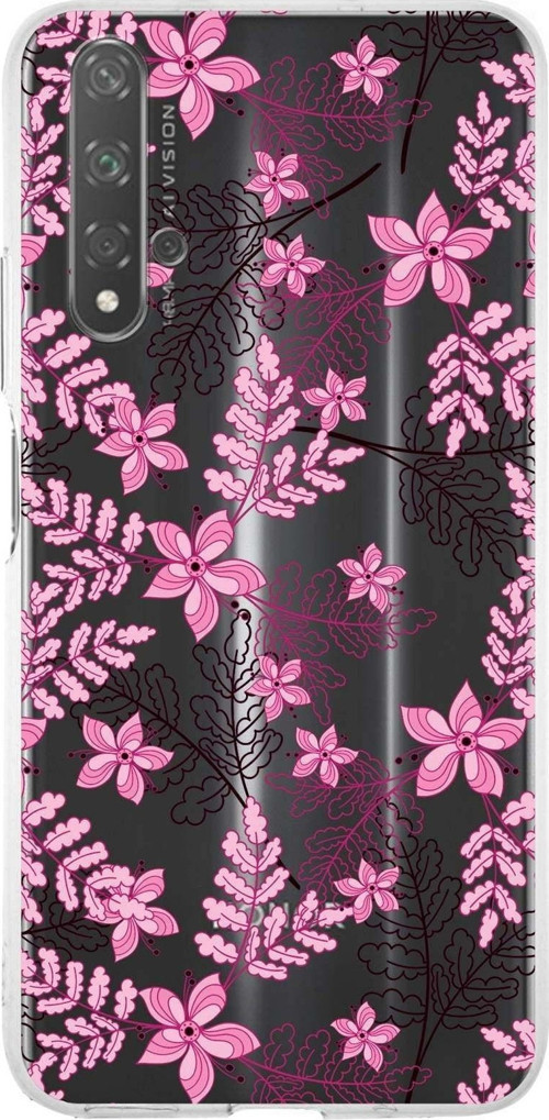 Huawei Honor 20 Uyumlu Kapak Floral Pembe Tasarımlı Şeffaf Silikon Kılıf
