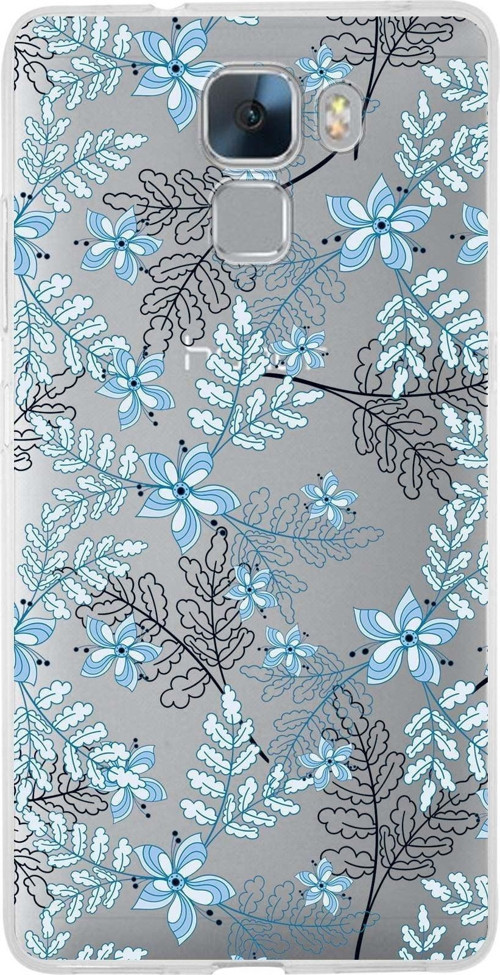 Huawei Honor 7 Uyumlu Kapak Floral Mavi Tasarımlı Şeffaf Silikon Kılıf