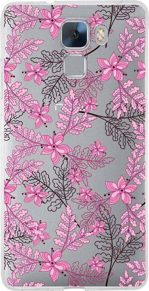 Huawei Honor 7 Uyumlu Kapak Floral Pembe Tasarımlı Şeffaf Silikon Kılıf