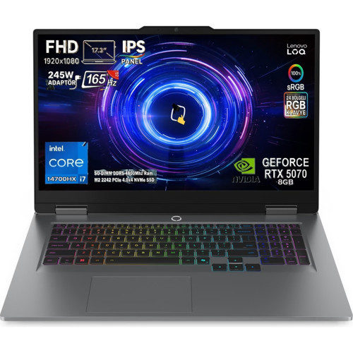 Loq 17IRX10 Intel Core I7 14700HX 32GB 2tb SSD Rtx 5070 8gb (115W) 17,3" Fhd 165Hz IPS Panel Freedos Taşınabilir Bilgisa