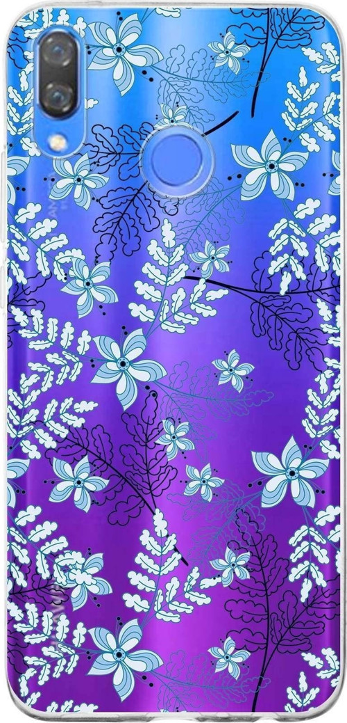 Huawei Y9 2019 Uyumlu Kapak Floral Mavi Tasarımlı Şeffaf Silikon Kılıf