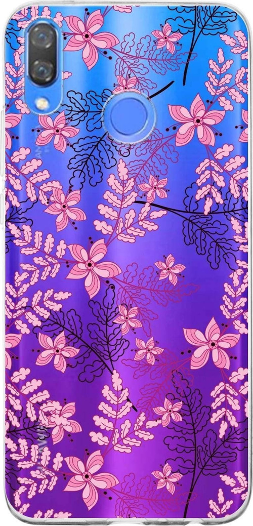 Huawei Y9 2019 Uyumlu Kapak Floral Pembe Tasarımlı Şeffaf Silikon Kılıf