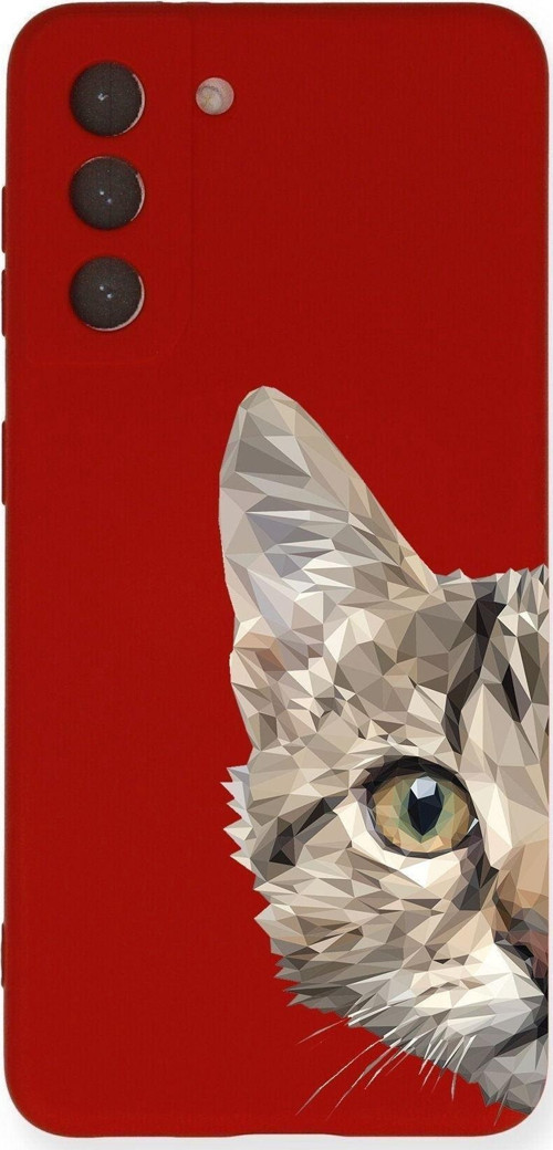 Samsung Galaxy S21 Fe Uyumlu Lansman Kılıf Catface Tasarımlı Içi Kadife Kapak-Kırmızı