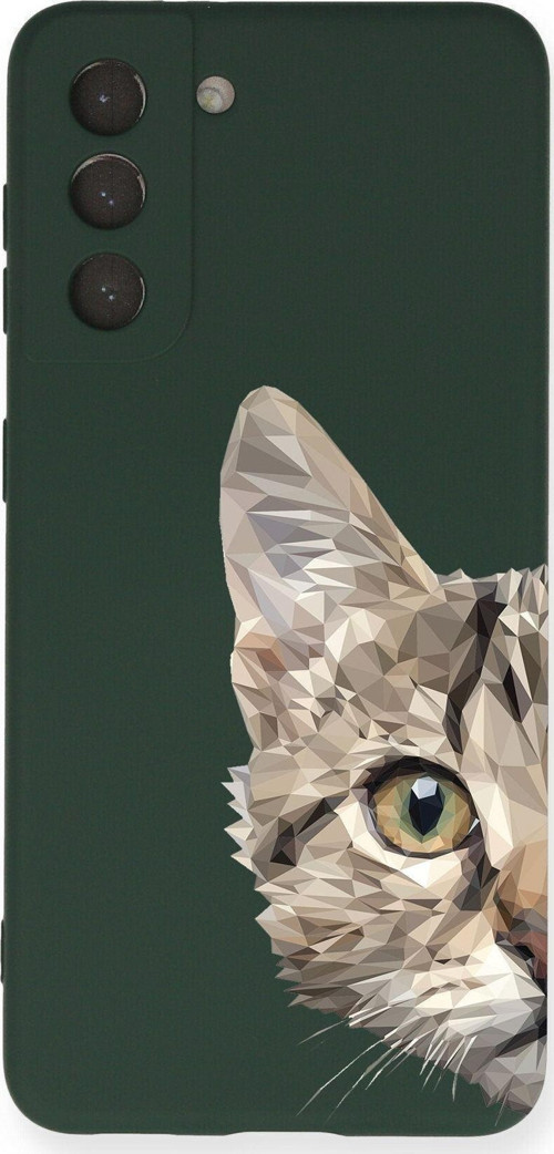 Samsung Galaxy S21 Fe Uyumlu Lansman Kılıf Catface Tasarımlı Içi Kadife Kapak-Yeşil