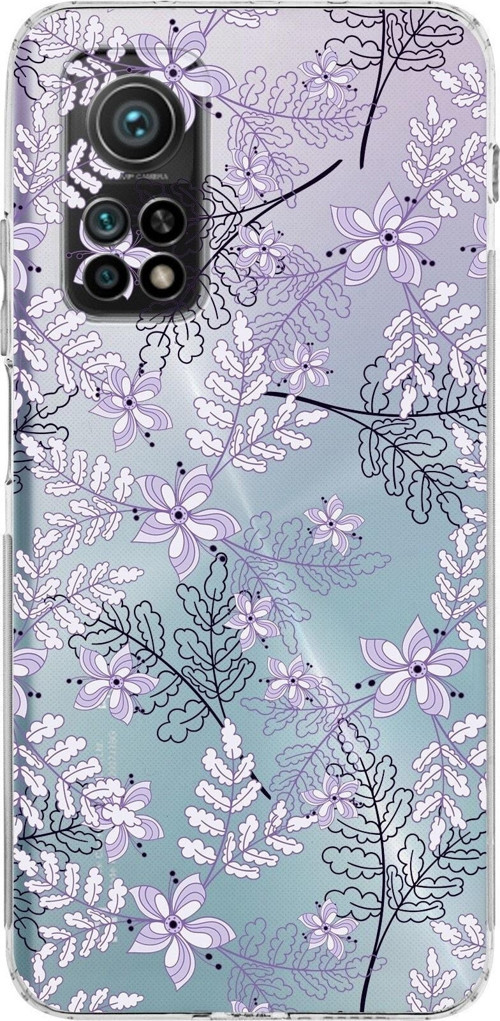 Xiaomi Mi 10T Kamera Korumalı Kapak Floral Lila Tasarımlı Şeffaf Kılıf
