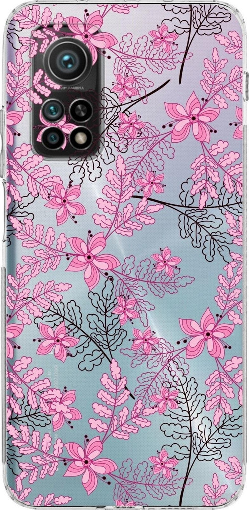 Xiaomi Mi 10T Kamera Korumalı Kapak Floral Pembe Tasarımlı Şeffaf Kılıf