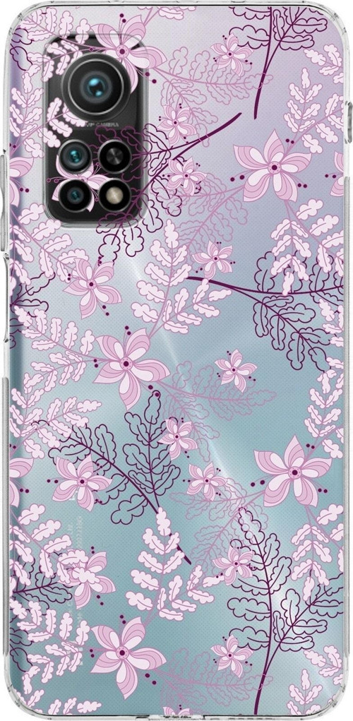 Xiaomi Mi 10T Kamera Korumalı Kapak Floral Pudra Tasarımlı Şeffaf Kılıf
