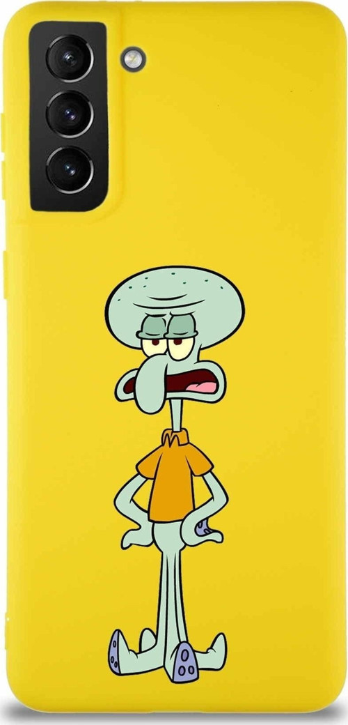 Samsung Galaxy S21 Plus Soft Premier Kapak Squidward Dokunaç Tasarımlı Silikon Kılıf - Sarı