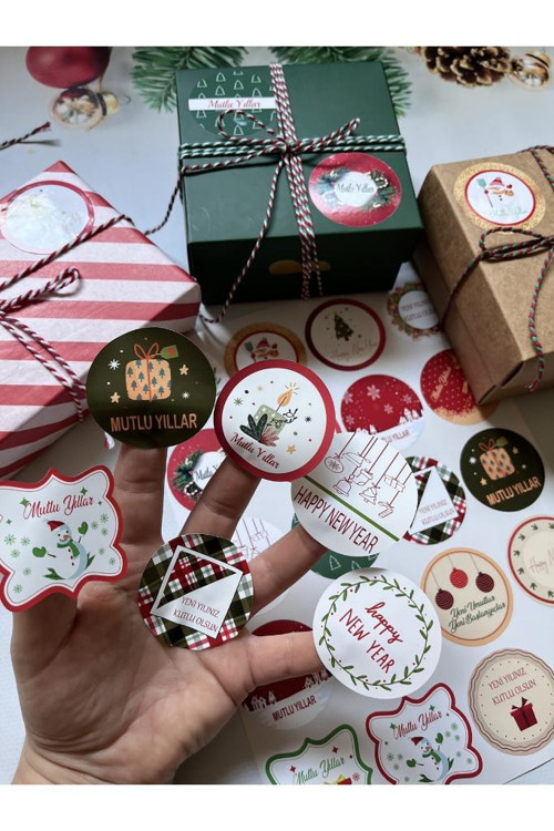 Yılbaşı Temalı Sticker - Mutlu Yıllar Etiketi -Yılbaşı Paketleme Happy New year Sticker Karışık Set-YYKRSKP