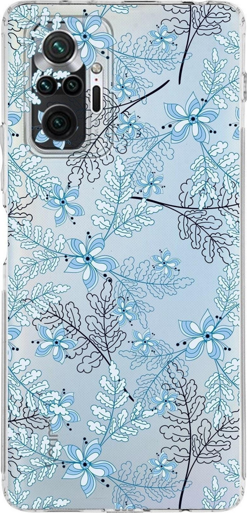 Xiaomi Redmi Note 10 Pro 4G Kamera Korumalı Kapak Floral Mavi Tasarımlı Şeffaf Kılıf