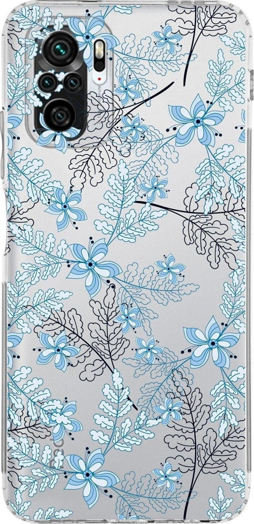 Xiaomi Redmi Note 10S Kamera Korumalı Kapak Floral Mavi Tasarımlı Şeffaf Kılıf