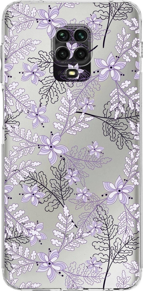 Xiaomi Redmi Note 9 Pro Kamera Korumalı Kapak Floral Lila Tasarımlı Şeffaf Kılıf