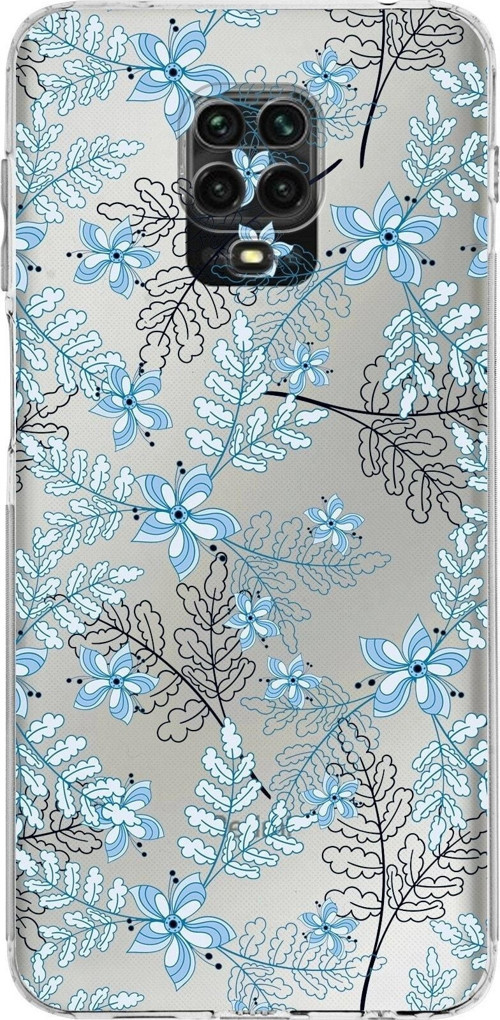 Xiaomi Redmi Note 9 Pro Kamera Korumalı Kapak Floral Mavi Tasarımlı Şeffaf Kılıf