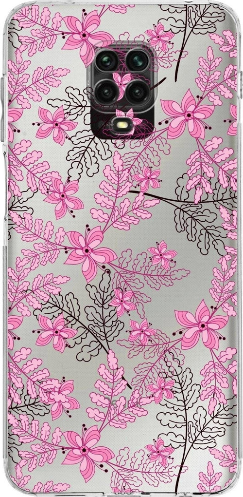 Xiaomi Redmi Note 9 Pro Kamera Korumalı Kapak Floral Pembe Tasarımlı Şeffaf Kılıf