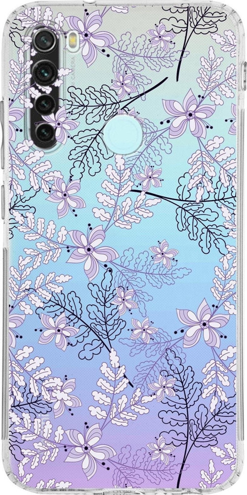 Xiaomi Redmi Note 8 Kamera Korumalı Kapak Floral Lila Tasarımlı Şeffaf Kılıf
